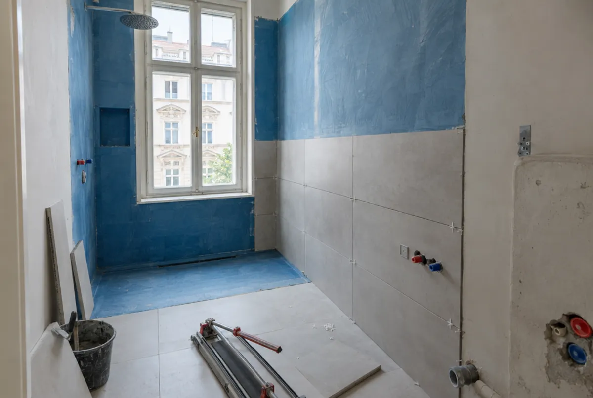 Badsanierung mit Abdichtung und neuen Fliesen in einer Wiener Wohnung
