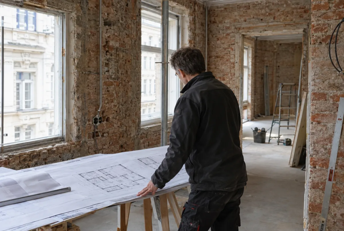 Baumeister prüft Pläne in einer entkernten Altbauwohnung