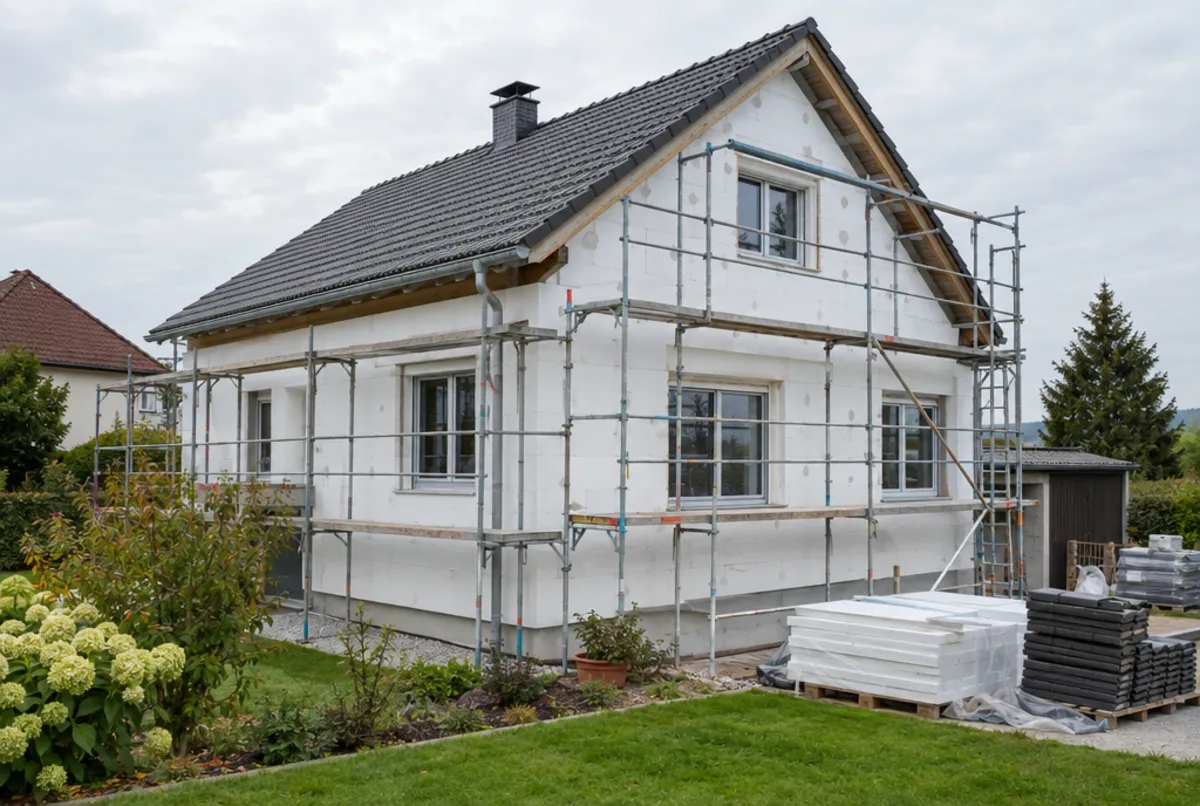 Einfamilienhaus der 70er Jahre während der Kernsanierung mit Gerüst und neuer Fassade