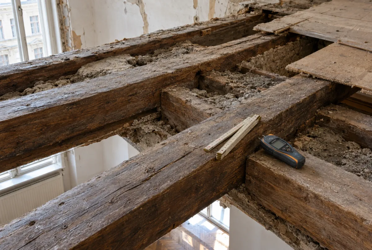 Geöffnete Tramdecke mit Holzbalken in einer Wiener Altbauwohnung